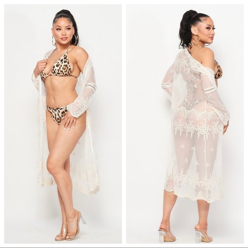 White Embroidery Mesh Beach Cover Up Cardigan - Picture 3 of 4